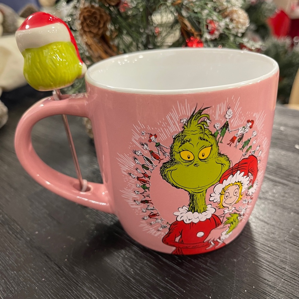 Pink Grinch Christmas Cindy Lou Who Ceramic Coffee Mug w/ Grinch Stir Stick NWT